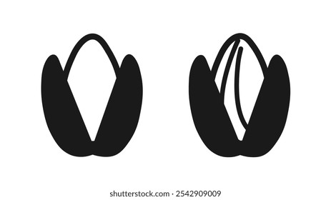 Double opened shelled sunflower seed icons in graphic style. Pictograms in line and silhouette. Agriculture and farming products. Kernel in cracked open shell. Healthy vegan snack. Vector illustration