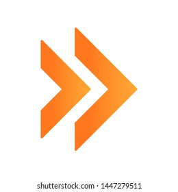 Double orange arrow flat design long shadow color icon. Rewinding button. Navigation pointer symbol. Next, forward arrow pointing rightward. Indicating cursor. Vector silhouette illustration