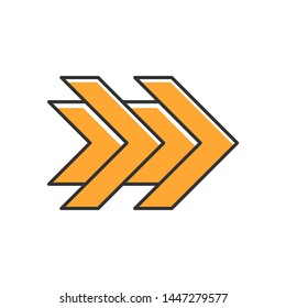 Double orange arrows color icon. Fast forward right arrowheads. Rewinding button. Navigation pointer, indicator symbol. Pointing sign. Indicating symbol. Isolated vector illustration