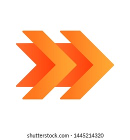 Double orange arrows flat design long shadow color icon. Fast forward right arrowhead. Rewinding button. Navigation pointer, indicator. Pointing sign. Indicating symbol. Vector silhouette illustration