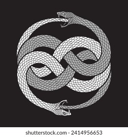 Double ouroboros or uroboros serpent snakes consuming. Tattoo, poster or print design vector illustration