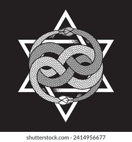 Double ouroboros or uroboros serpent snakes consuming in front of the six-pointed hexagram star . Tattoo, poster or print design vector illustration