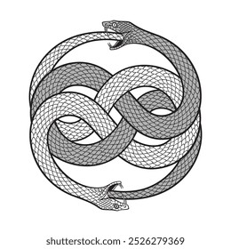 Cobras de serpente de uroboros ou ouroboros duplos consumindo. Ilustração de vetor de design de tatuagem, cartaz ou impressão