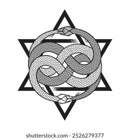 Double ouroboros or uroboros serpent snakes consuming in front of the six-pointed hexagram star . Tattoo, poster or print design vector illustration