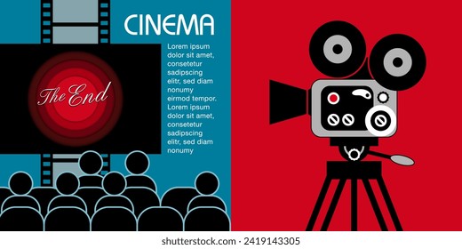 Double page on the theme of cinema with a camera, film, a cinema hall, spectators, a screen and a film - red and blue background.