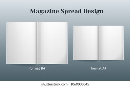 Double Page Spread Magazine Design. Two Isolated Templates Of The B4 And A4 Format. Double Page Vector Mockup On Gray Background. Vector Image