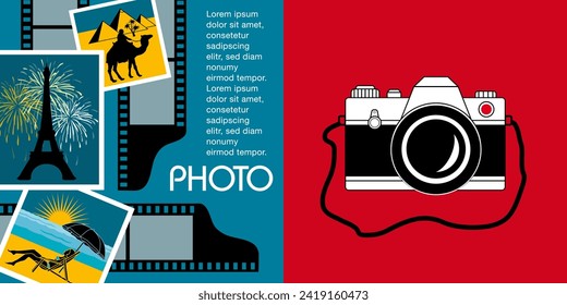 Double page spread on the theme of photography with a camera, film and souvenir photos - red and blue background.