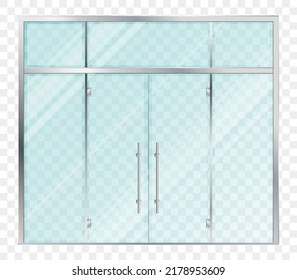 Double panoramic glass doors. Office or supermarket entrance. Mockup entrance double door for store, shop or fashion boutique. Vector transparent glass