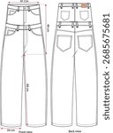 Double pant, jeans pant Flat sketch, Size chart, pant mock up, Technical drawing, Fashion illustration