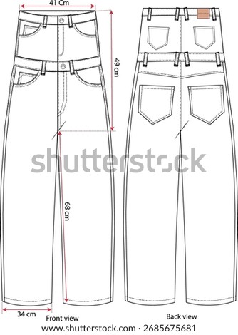 Double pant, jeans pant Flat sketch, Size chart, pant mock up, Technical drawing, Fashion illustration