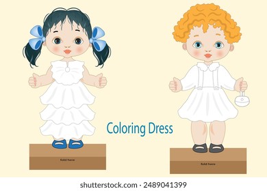 Ilustración doble de la muñeca de papel con la muñeca y la ropa diferente al color