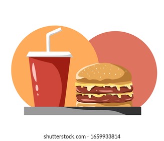 double patty beef burger and a cup of soda on tray vector illustration editable eps file