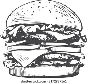 Double patty burger sketch vector illustration artwork of fast food. Big bang burger with cheese onions, patties, tomatoes.