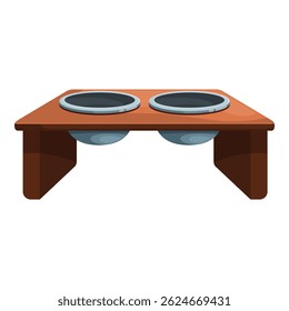 Double pet bowl on a wooden stand providing food and fresh water for cats and dogs