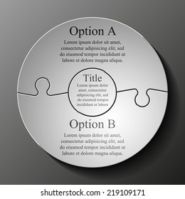 Double piece flat puzzle round infographic presentation. 2 step circle business diagram. Two section compare service banner. Vector illustration template shape . 3d Abstract Background