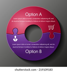 Double piece flat puzzle round infographic presentation. 2 step circle business diagram. Two section compare service banner. Vector illustration template shape . 3d Abstract Background