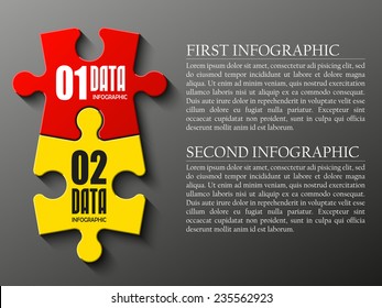 Double piece flat puzzle round infographic presentation. 2 step circle business diagram. Two section compare service banner. Vector illustration template shape . 3d Abstract Background
