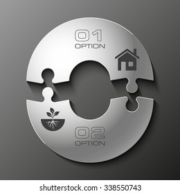 Double piece flat puzzle round infographic presentation. 2 step circle business diagram. Two section compare service banner. Vector illustration template shape . 3d Abstract Background