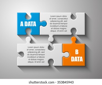 Presentación infográfica redonda de doble pieza de puzzle plano. Diagrama de negocio de círculo de 2 pasos. Dos secciones comparan banner de servicio. Forma de plantilla de ilustración del vector. Fondo abstracto 3d