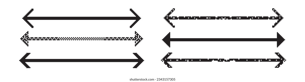 Double pixel art long straight line arrow vector icon. Simple thin horizontal cursor pointer lines element set. abstract flat forward path oblong isolated arrowhead. Basic glitch pointing two side