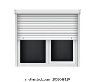 Double plastic window with half open blind. Realistic white roller shutter for glass window. Large close window, outside view for interior decoration design.