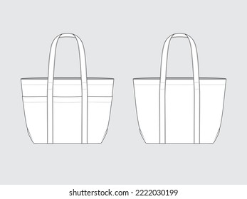 Doppeltaschen-Totbeutel, Vorder- und Rückseite, technische Flachskizzen von Kleidungsstücken mit Vektorgrafik.