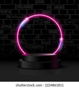 Double Podium with Pink Neon Round Frame on Black Background of Brick Wall. Square Banner for Black Friday Sale. Vector Illustration.