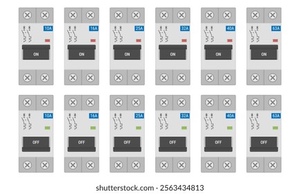 Double pole circuit breaker set rated 10 to 63 Amperes. Vector illustration isolated on white
