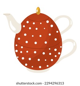 Double porcelain teapot with a  mug red color with white polka dots. keeping beverages warm. Vector illustration. Isolated object on white background.