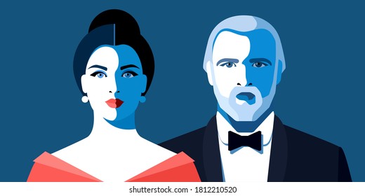 Double portrait. Young beautiful woman with black hair, in red decollete dress, and old bearded man with gray hair, in tuxedo and bow tie. Full face, blue eyes, evening dress code. Vector illustration