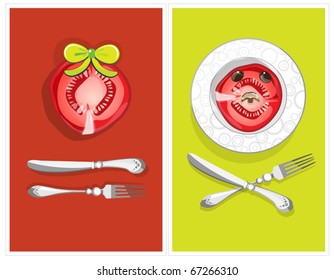 Double poster, with cutlery and a slice of tomato in the form of the muzzle