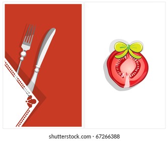 Double poster, with cutlery and a slice of tomato with a bow