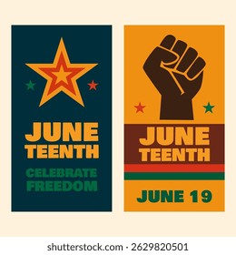 Double poster Juneteenth design with star and raised fist icons for equality, pride, and civil rights awareness