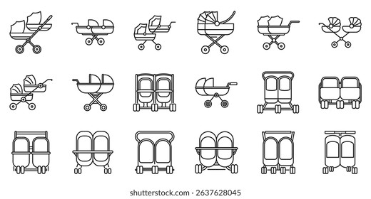 Double pram icons set. Collection of linear baby stroller icons showcasing diverse designs for newborns, infants and toddlers, including single and double strollers