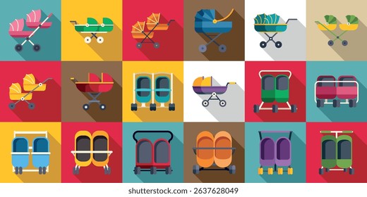Double pram icons set. Flat design icons of various baby strollers and prams, showcasing diverse options for infant transportation and childcare