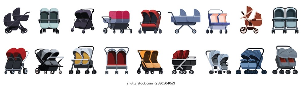  Double pram icons set. Double strollers in various colors and configurations, showcasing options for parents of twins