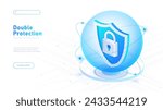 Double protection white poster. Protection of personal information on internet. Modern systems of safety and data security. Landing webpage design. Neon isometric vector illustration