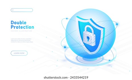 Double protection white poster. Protection of personal information on internet. Modern systems of safety and data security. Landing webpage design. Neon isometric vector illustration