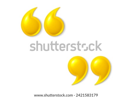 Double quote mark 3d icons. Set of quotation marks, yellow double comma sign. Information quote design. Comment message and citation, quotation decoration. Vector illustration
