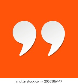 Double quotes symbol with shadow in paper cut style design isolated on orange background. EPS 10 vector illustration.