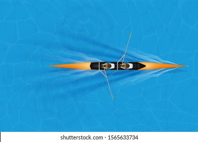 Double Racing shell with man paddlers for rowing sport on water surface. Two paddlers double race. Mans and boat. Top view. Vector Illustration