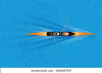 Double Racing shell with mixed paddlers for rowing sport on water surface. Two paddlers mixed race. Woman and Man and inside boat. Top view. Vector Illustration