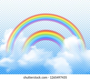 Double rainbow from different semi circles with white clouds realistic composition on transparent background vector illustration