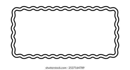 Double rectangle frame with scalloped edges. Rectangular shape with curvy borders. Empty text box or speech bubble, tag or label isolated on white background. Vector graphic illustration.