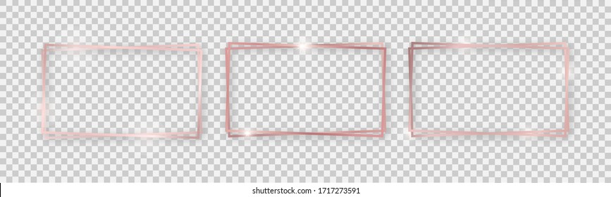 Double Rectangular Shiny Frames With Glowing Effects. Set Of Three Rose Gold Double Rectangular Frames With Shadows On Transparent Background. Vector Illustration