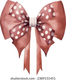 Double Red bow with ribbon and white spots, watercolor vector illustration, christmas element. Template for gift decoration, greeting cards, invitation, wedding card. Also for save the date.