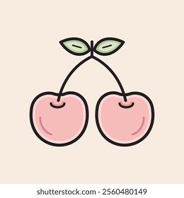 Double red cherries with two green leaves, stem and reflexes. Cool and tasty spring cherries filled vector icon