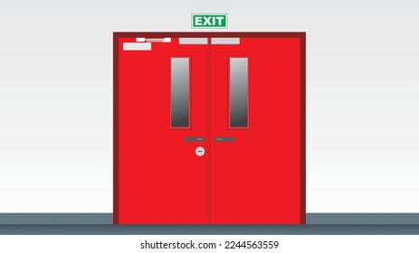 Double red color exit door vector illustration. Room of office or storage. Background.