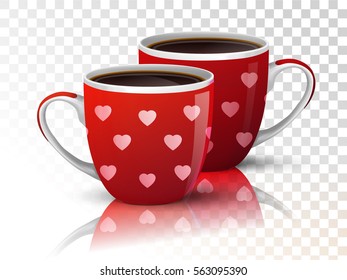 Double red cups of coffee with hearts pattern on transparent background. Vector object with drink for Valentines Day Greetings. Romance concept.