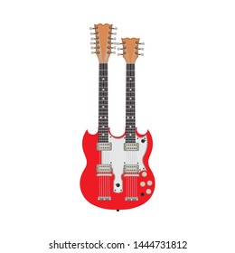 Double red electric guitar vector illustration rock instrument. Two flat design equipment bass. Isolated jazz song icon. Vintage body symbol metal concert entertainment